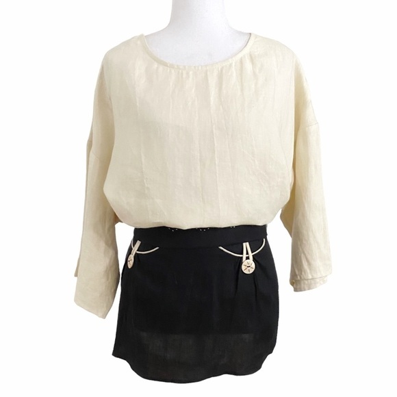 MISS PATINA VINTAGE 100% LINEN CREAM NAVY SCALLOPED SHIFT DRESS - S/P - Picture 4 of 11